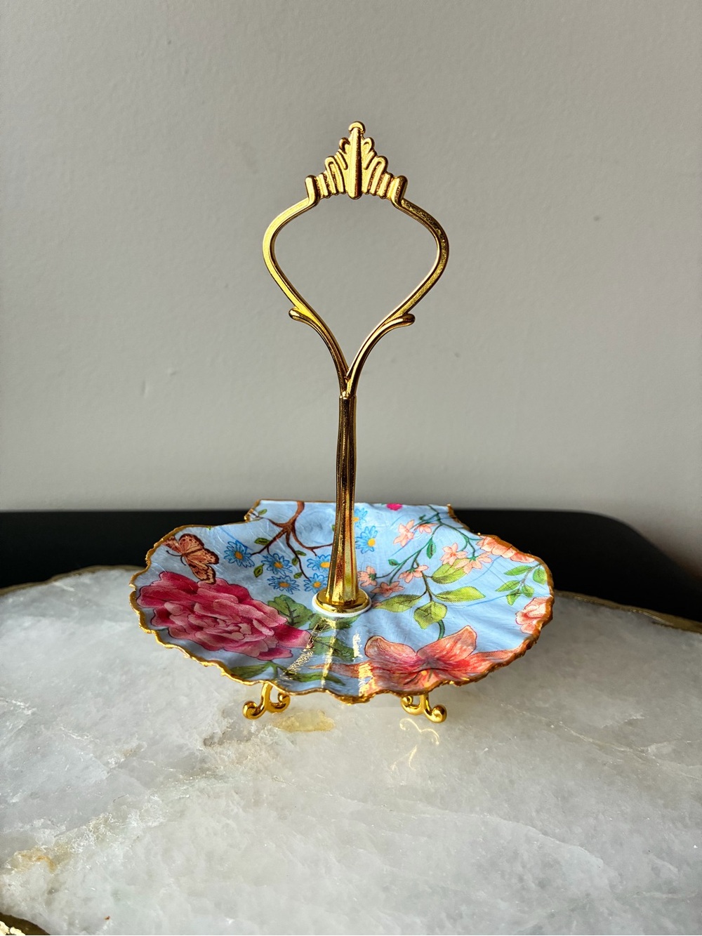 Handmade Shell Floral Decoupage Trinket Catch-all Jewelry Dish On Stand